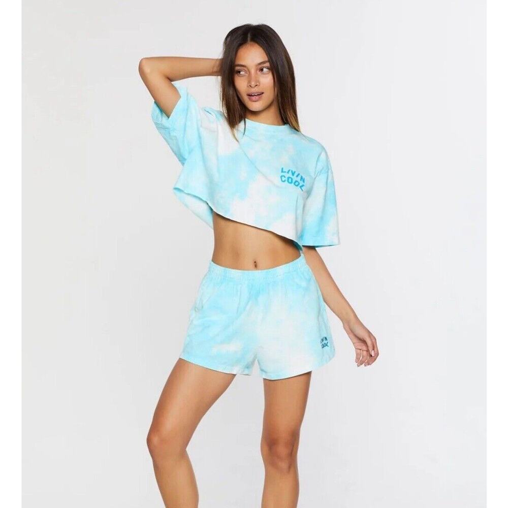 Livin Cool Pale Blue White Tie Dye Livin Cool Logo Short Sleeve Crop Tee XS